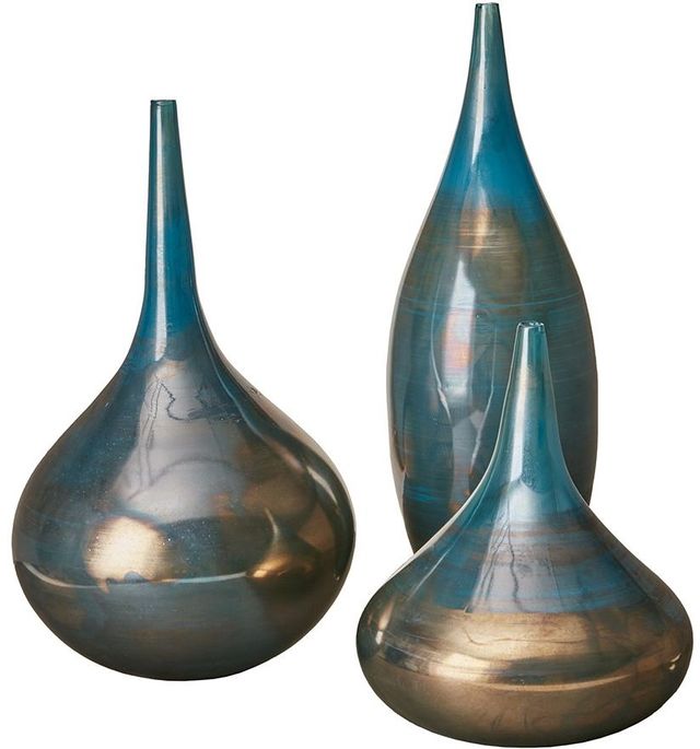 Olliix by Madison Park Signature Blue Metal Set of 3 Aurora Handmade Rainbow Glass Vases-0