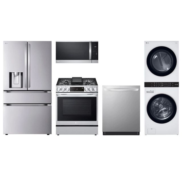 LG 4 Piece PrintProof™ Stainless Steel French Door Refrigerator with White Laundry WashTower