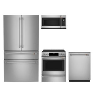 GE Cafe 4pc Smart Appliance Package - 28.7 cu.ft. 4Door French Door Fridge and Convection Electric Slide-In Range w/ Air Fry