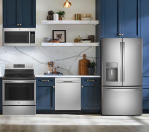 GE Profile 4 Pc Kitchen Package with a 27.7 Cu. Ft. French-Door Refrigerator with Hands-Free AutoFill PLUS $200 Furniture Gift Card