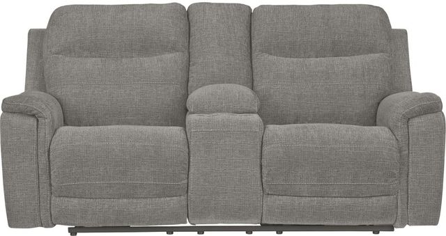 Signature Design by Ashley® Mouttrie Smoke Power Reclining Loveseat with Adjustable Headrest-1