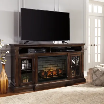 Signature Design by Ashley® Roddinton 74" Dark Brown TV Stand with Electric Fireplace-1