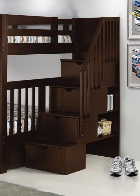 Donco Kids Dark Cappuccino Twin/Twin Tall Mission Stairway Bunk Bed-1