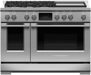 Fisher & Paykel Series 9 48" Stainless Steel with Black Glass Pro Style Dual Fuel Natural Gas Range