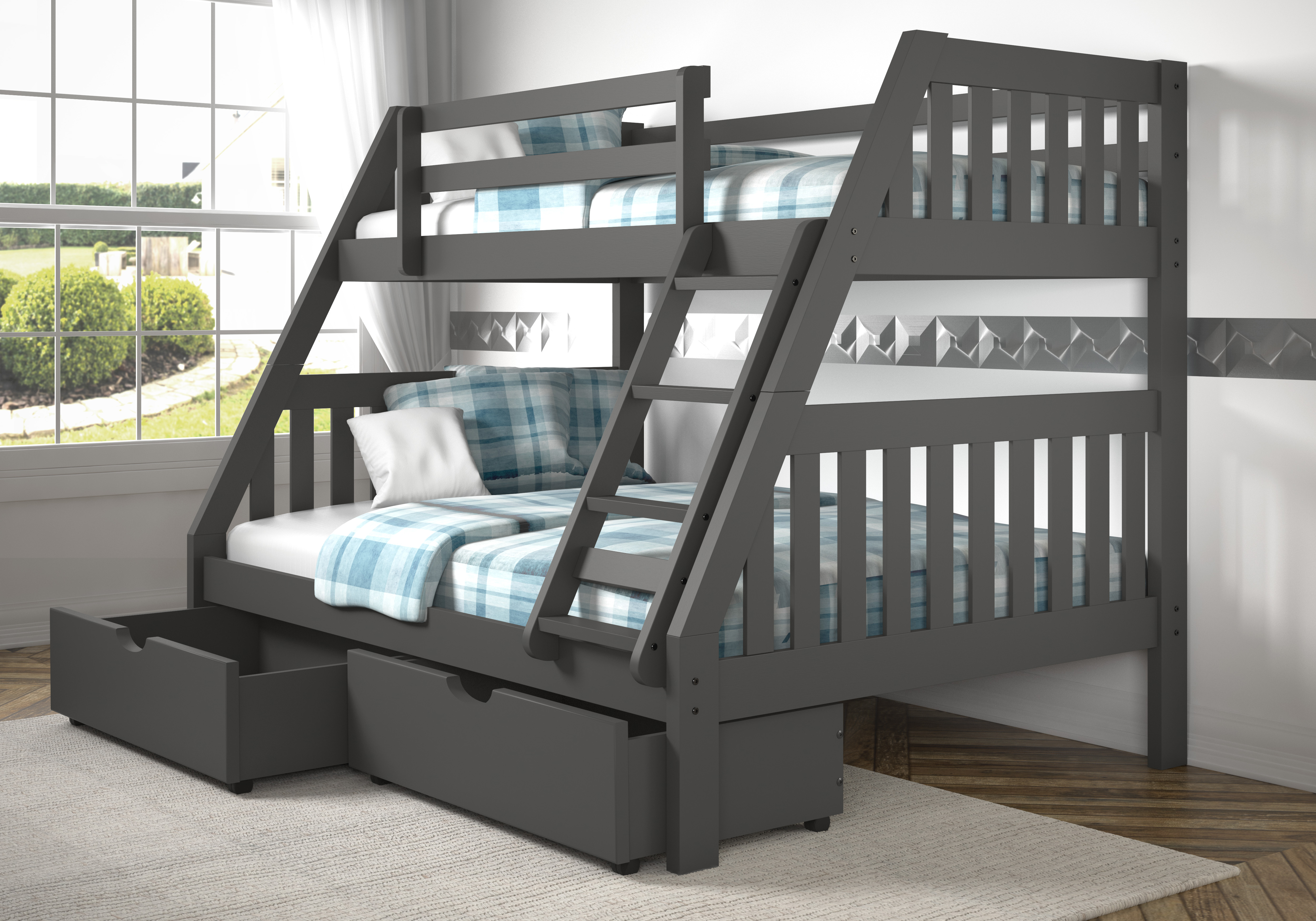 Donco Trading Company Mission Twin Over Full Bunk Bed with Dual Under Bed Drawers