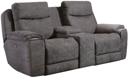 Southern Motion™ Show Stopper Gray Power Headrest Loveseat with Console and Hidden Cupholders