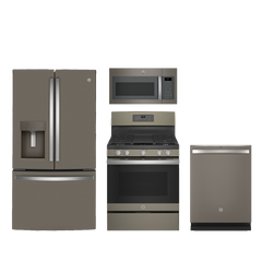 GE 4pc Slate Appliance Package - 22.1 Cu. Ft. Counter-Depth French-Door Fridge and Freestanding Electric Range with Oval Burner