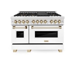 ZLINE Autograph Edition 48" 6.0 cu. ft. Dual Fuel Range with Gas Stove and Electric Oven in DuraSnow® Stainless Steel with White Matte Door with Accents (RASZ-WM-48) [Color: Champagne Bronze]