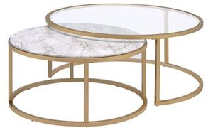 ACME Furniture Shanish 2-Piece Glass/White Faux Marble Top Coffee Table Set with Gold Base