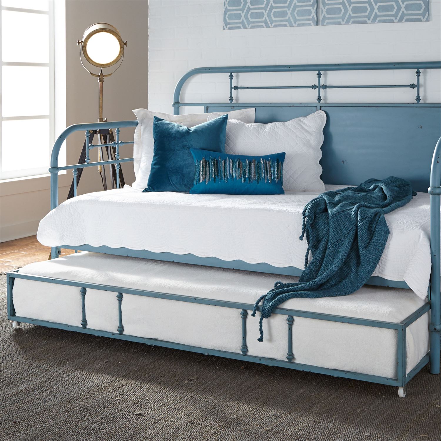 Liberty Furniture Vintage Blue Twin Metal Day Bed with Trundle