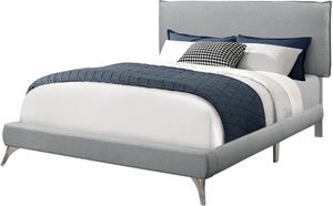 Bed, Queen Size, Platform, Bedroom, Frame, Upholstered, Linen Look, Metal Legs, Grey, Chrome, Contemporary, Modern