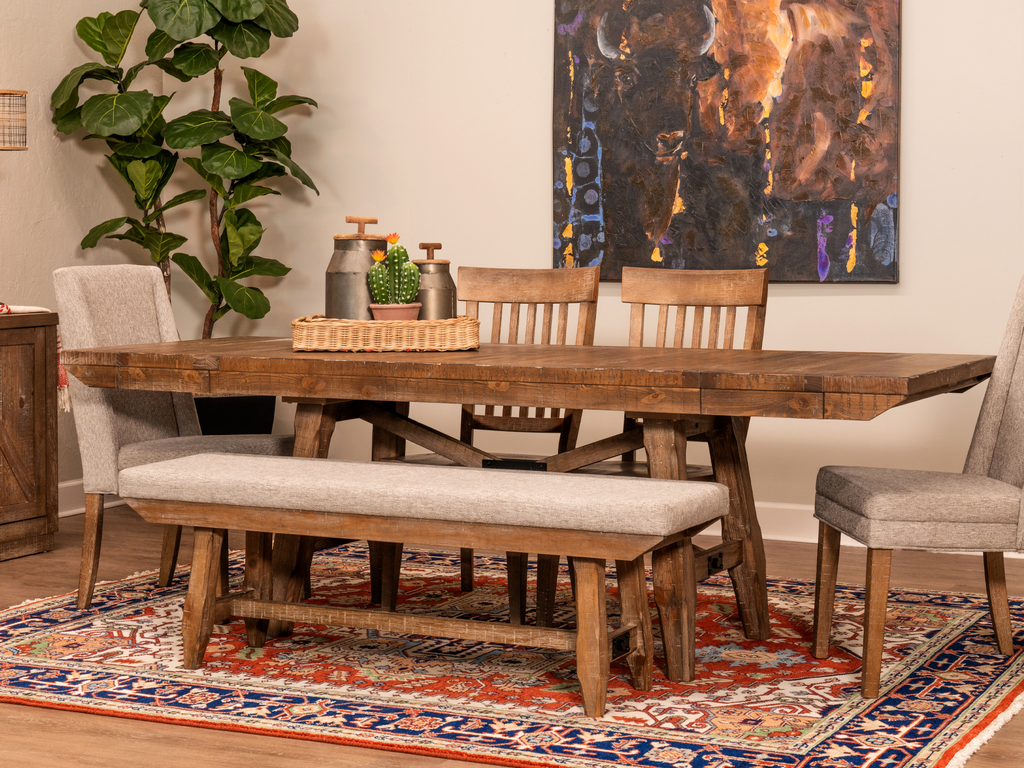 distressed wood dining table with bench