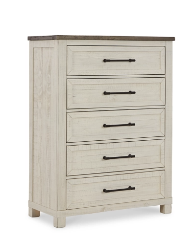 brushed white dresser with wooden top and black hardware handles