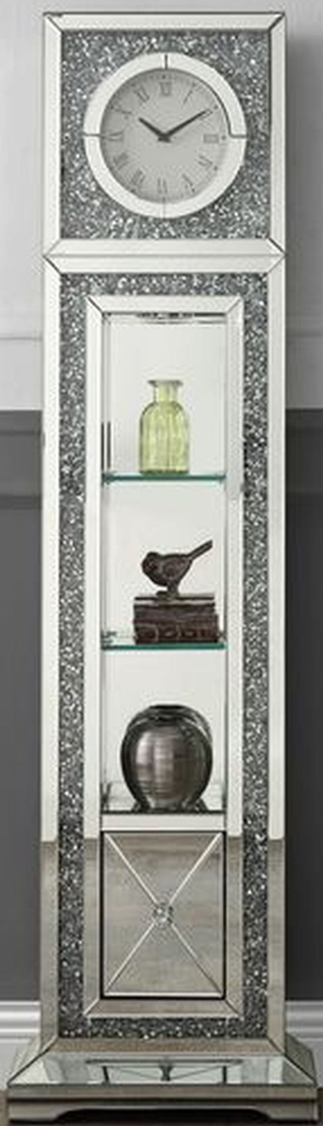 ACME Furniture Noralie Mirrored Grandfather Clock with Three Shelves and One Drawer