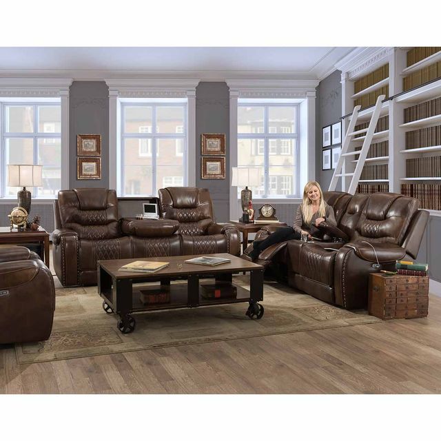 Corinthian Furniture Sahara Leather Power Recliner Console Loveseat with Power Headrests-3
