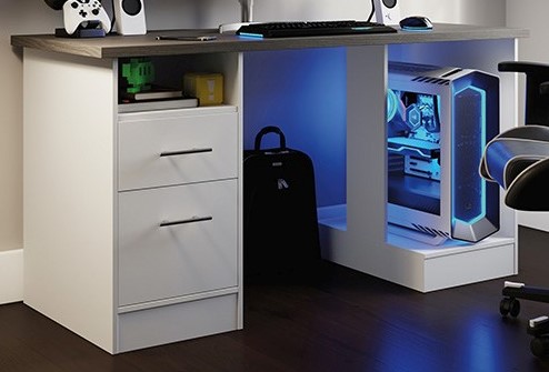 white gaming desk with storage