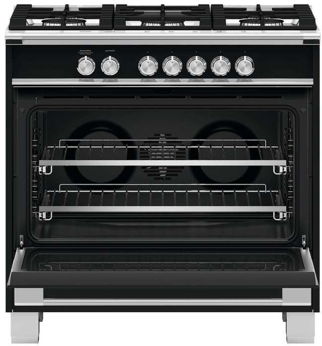 Fisher & Paykel 36" Brushed Stainless Steel with Black Glass Freestanding Gas Range 7