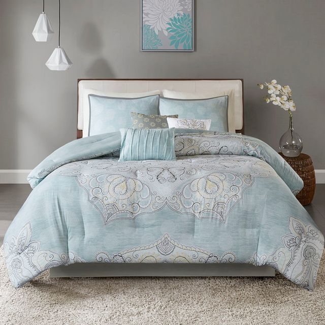 Olliix by Madison Park 7 Piece Seafoam King Lucinda Reversible Cotton ...