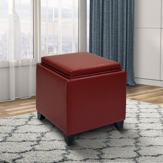 Armen Living Rainbow Red Bonded Leather Storage Ottoman With Tray-1