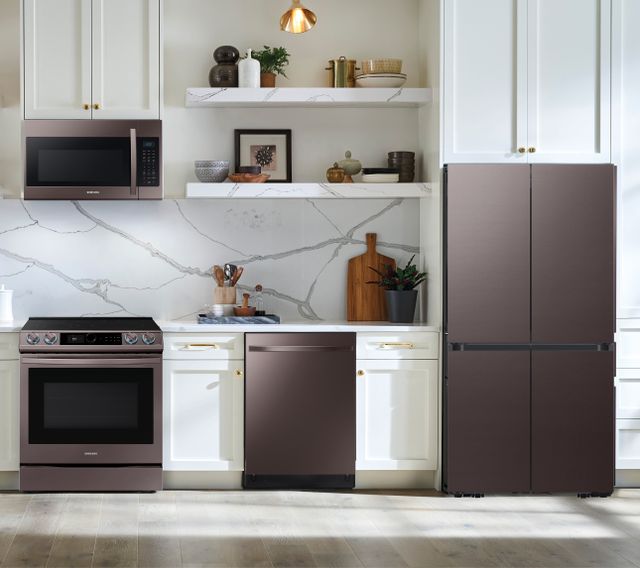 Samsung 4-Piece Tuscan Steel Kitchen Package with a 29 cu. ft. Smart Bespoke 4-Door Flex™ Refrigerator PLUS FREE 10pc Luxury Cookware ($800 Value!)