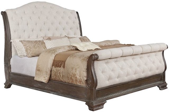 Crown Mark Sheffield Antique Grey Upholstered King Sleigh Bed Colder