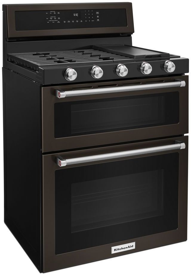 KitchenAid® 30" Black Stainless Steel with PrintShield™ Finish Free Standing Gas Double Convection Range-1