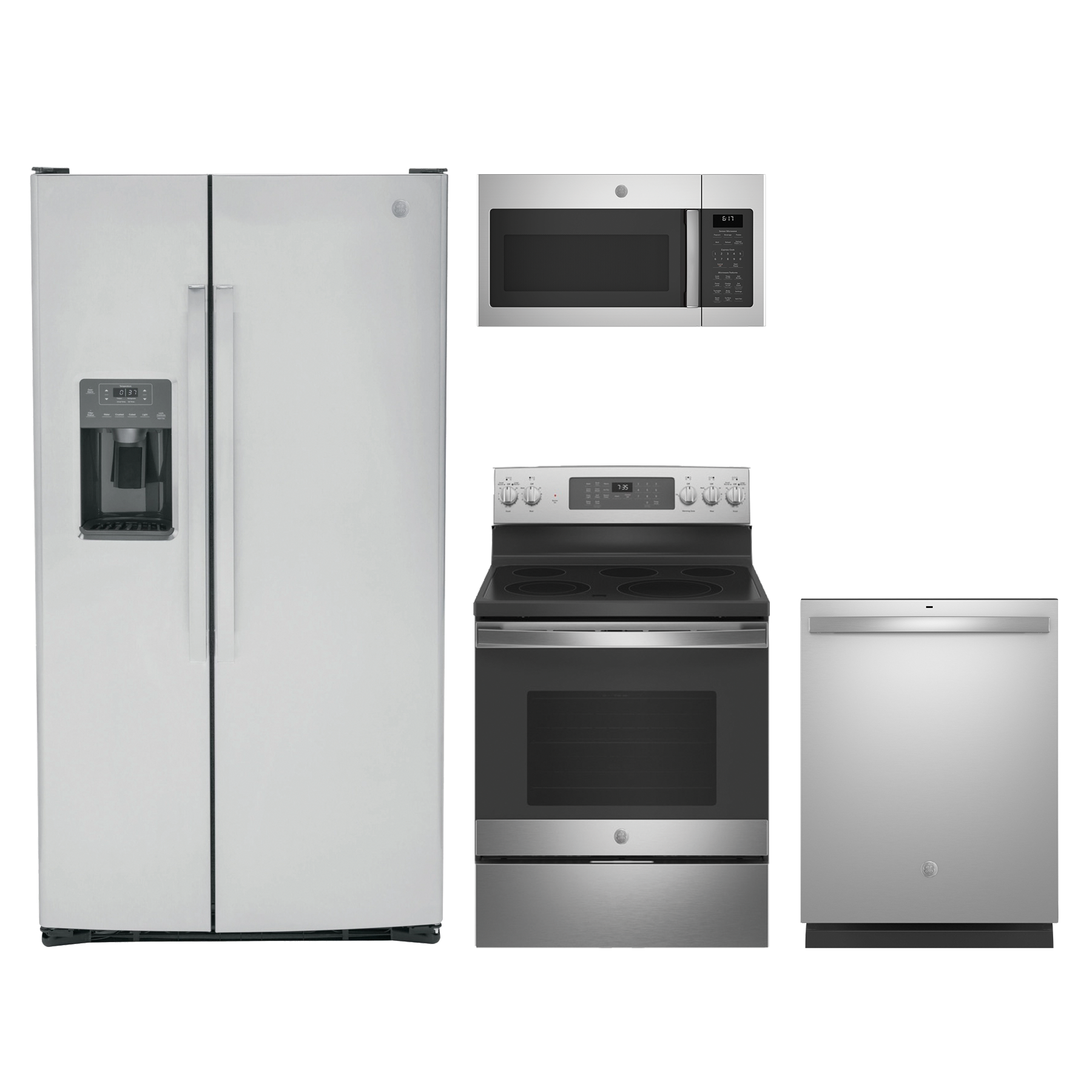 GE 4-Piece Appliance Package with Stainless Steel Side by Side Refrigerator 