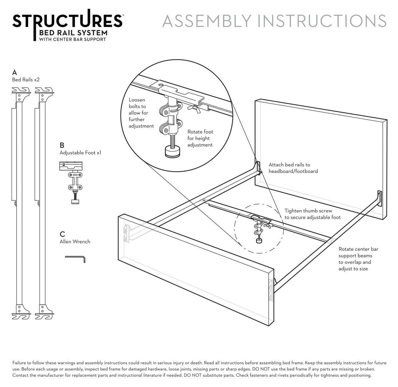 Malouf® Structures® Twin/Full Hook-in Bed Rails With Center Bar ...