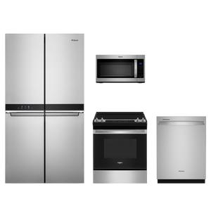Whirlpool 4pc Appliance Package - 19.4 Cu. Ft. Counter-Depth Side-by-Side Quad Door Fridge and Convection Gas Range with Air Fry