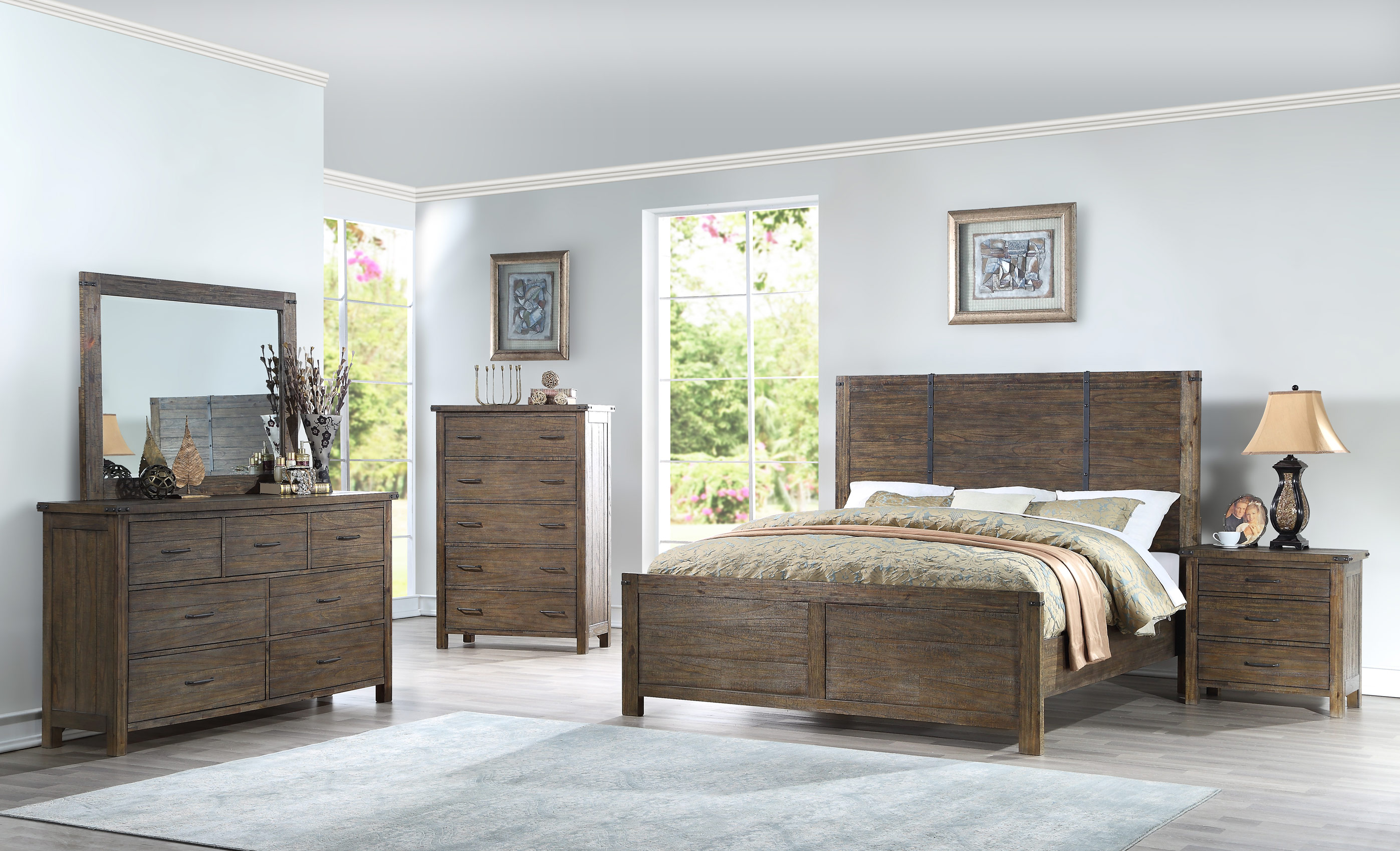 New Classic Furniture Galleon King Industrial Bed, Dresser, Mirror & 2 Nightstands