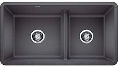 Blanco Precis Metallic Gray 33" Undermount or Drop-In Double Basin Granite Kitchen Sink with Low Divide