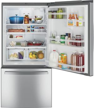 GE 33 in. 24.8 Cu. Ft. Fingerprint Resistant Stainless Steel Bottom Freezer Refrigerator