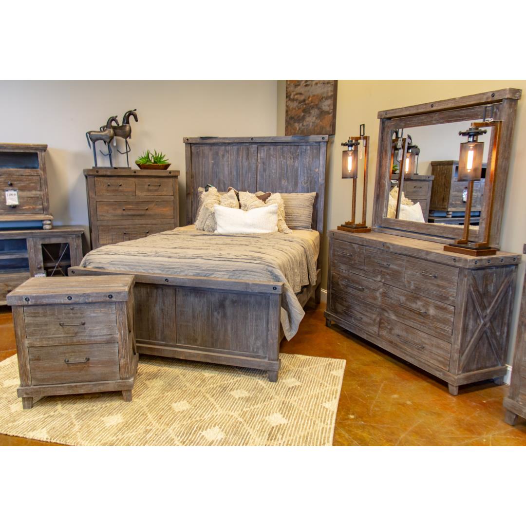 Vintage Furniture Industrial King Bed, Dresser, Mirror & Nightstand