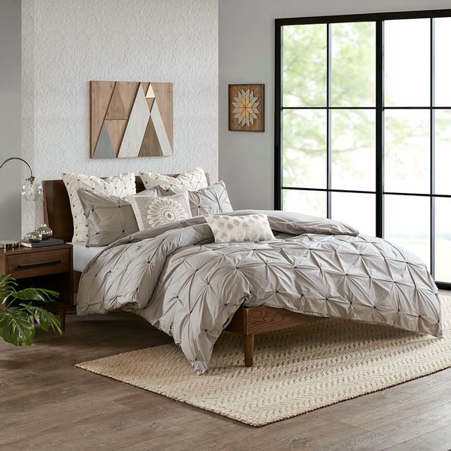 Olliix by INK+IVY 3 Piece Gray Full/Queen Masie Elastic Embroidered Cotton Duvet Cover Set-3