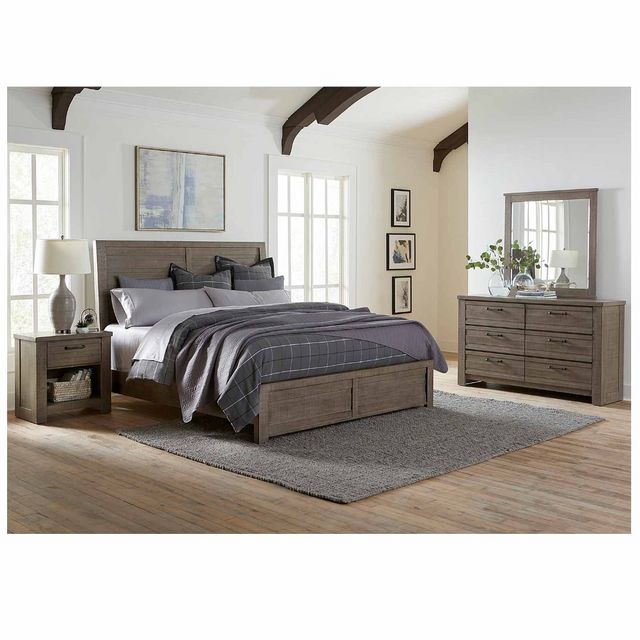 Samuel Lawrence Furniture Ruff Hewn Grey King Panel Bed, Dresser, Mirror & Nightstand-0
