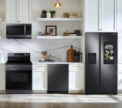 SAMSUNG 4 Piece Kitchen Package with a 26.7 cu. ft. Large Capacity Side-by-Side Refrigerator with Family Hub PLUS a FREE 10 PC Luxury Cookware Set