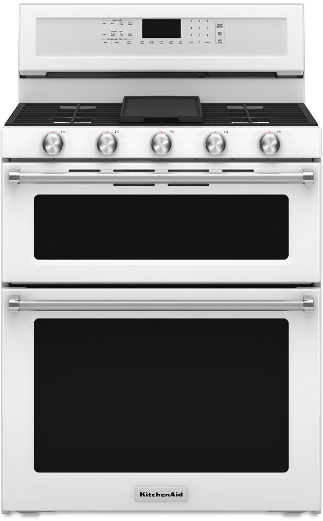 KitchenAid® 29.94" White Free Standing Gas Double Oven Range 0