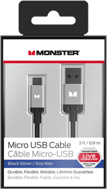 Monster® 3' Mobile High Performance USB A 2.0/Micro USB B Cable-Black/Silver 1
