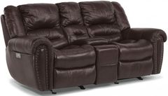 Flexsteel® Town Brown Leather Reclining Loveseat with Console & Power Headrest