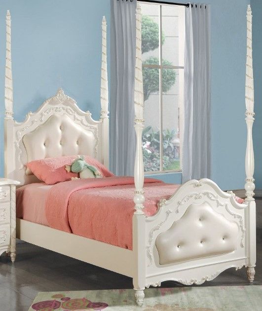 ACME Furniture Pearl Pearl White Youth Poster Bed | Lacks Furniture ...