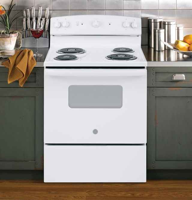 GE® 30" White Free Standing Electric Range with 5.0 Cu. Ft. total capacity 5