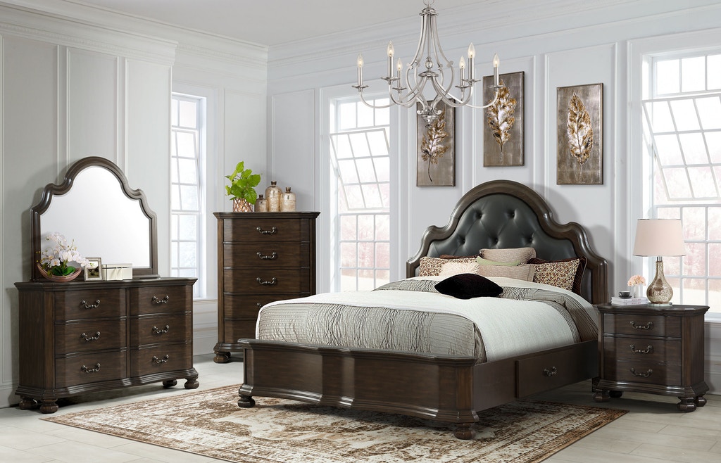 Elements International Avery 3 Piece Walnut King Upholstered Bedroom Set