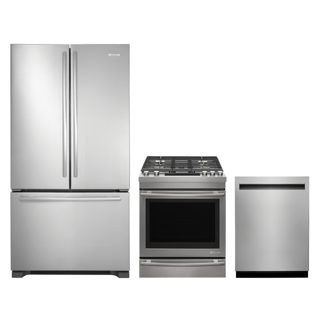 JennAir 3pc Luxury Appliance Package - 22 Cu. Ft. Counter-Depth French-Door Fridge + Slide-In Convection Gas Range + Top Control Dishwasher