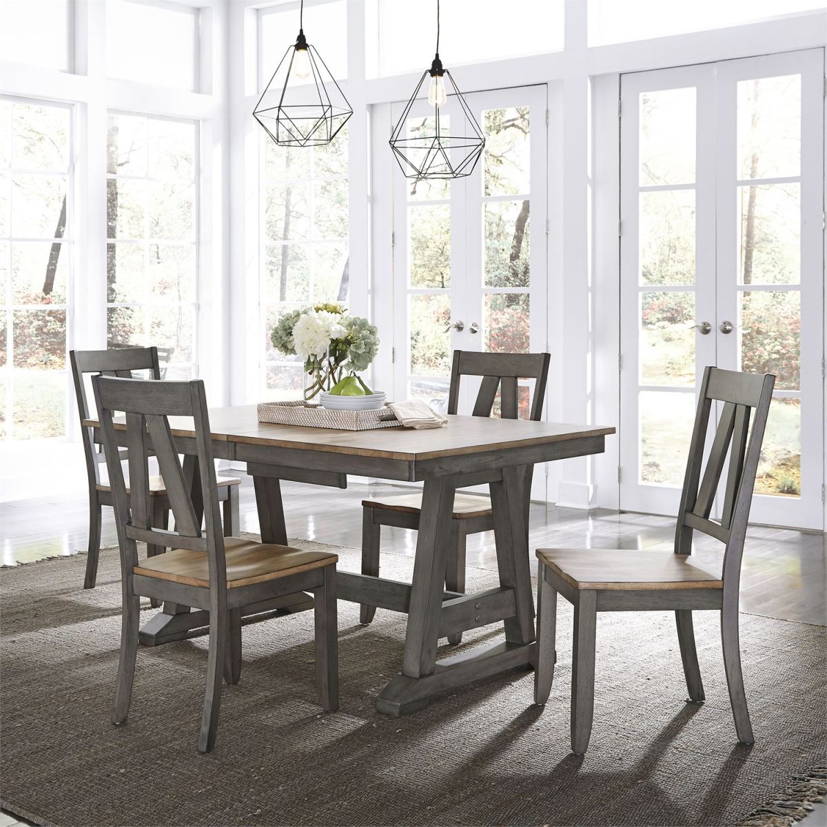 Liberty Furniture Lindsey Farm Gray and Sandstone 5 Piece Trestle Table Set
