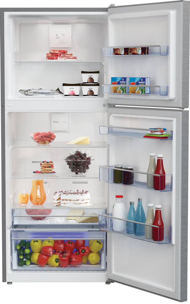 Stainless steel Beko top freezer refrigerator with doors ajar