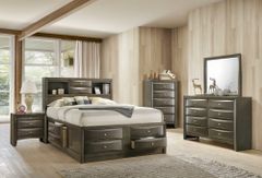 Elements International Emily Gray King Storage Bed, Dresser, Mirror, Chest and 2 Nighstands