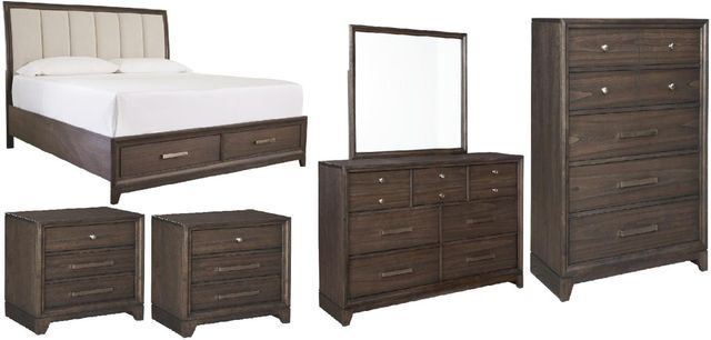 Signature Design by Ashley® Brueban 6-Piece Gray/Rich Brown California King Panel Storage Bed Set