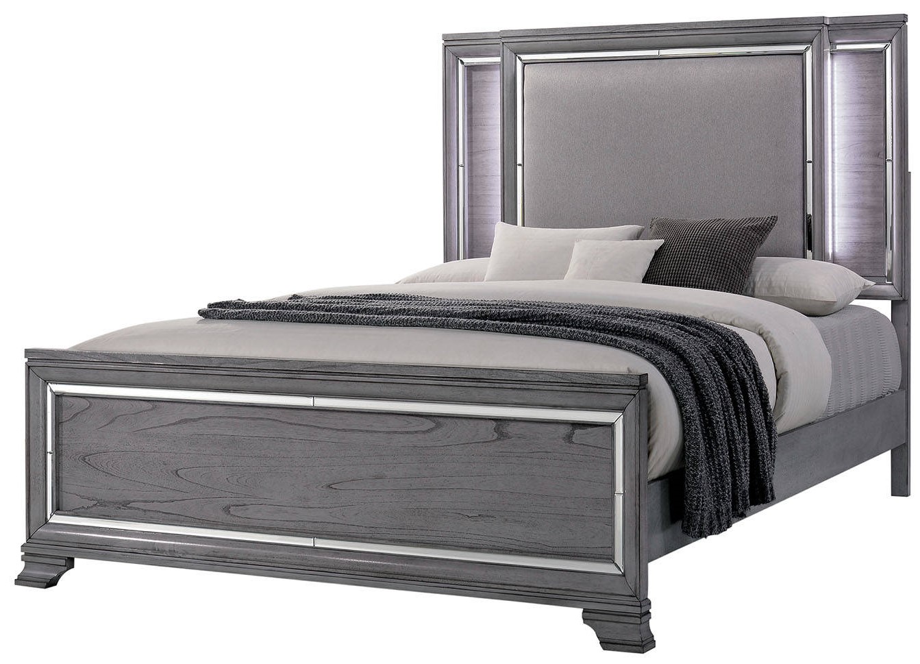 gray padded california king bed frames