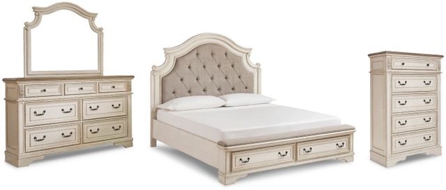 Signature Design by Ashley® Realyn 4-Piece Chipped White King Upholstered Bed Set