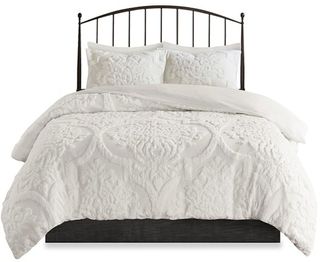 Olliix by Madison Park White Full/Queen Viola 3 Piece Tufted Cotton Chenille Damask Duvet Cover Set
